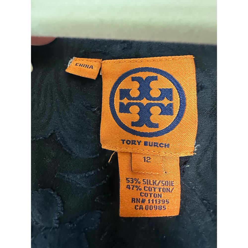 Tory Burch Navy Blue Silk Floral Textured Top Size 12 - Picture 4 of 6